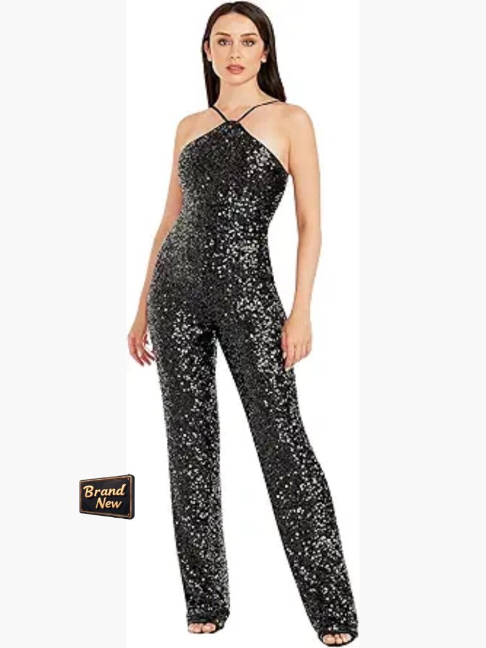 Sequin Halter Jumpsuit Wide Leg Ankle Length Cocktail Party Wear